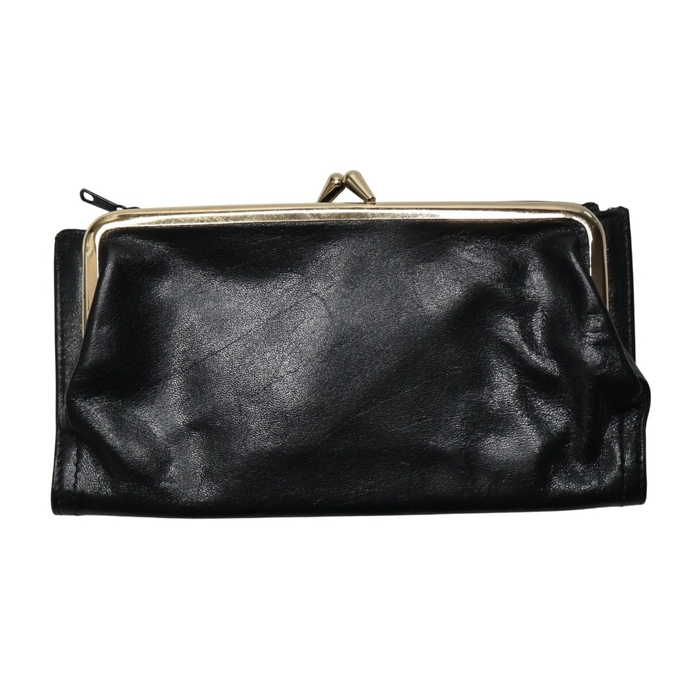 VTG GANI Black Leather Clutch Wallet Kiss Lock Zip Pocket Coin Purse Womens‎